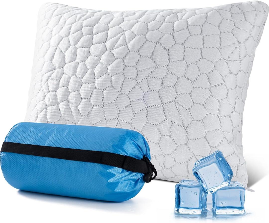 QUTOOL Small Travel Pillows for Sleeping, Cooling Memory Foam Camping Pillow, Backpacking Pillow for Hiking Gear, Portable Pillow with Travel Storage Bag, Camping Essentials for Adults Kids (Camping Pillow -13'*16.9', White-cooling Basic)