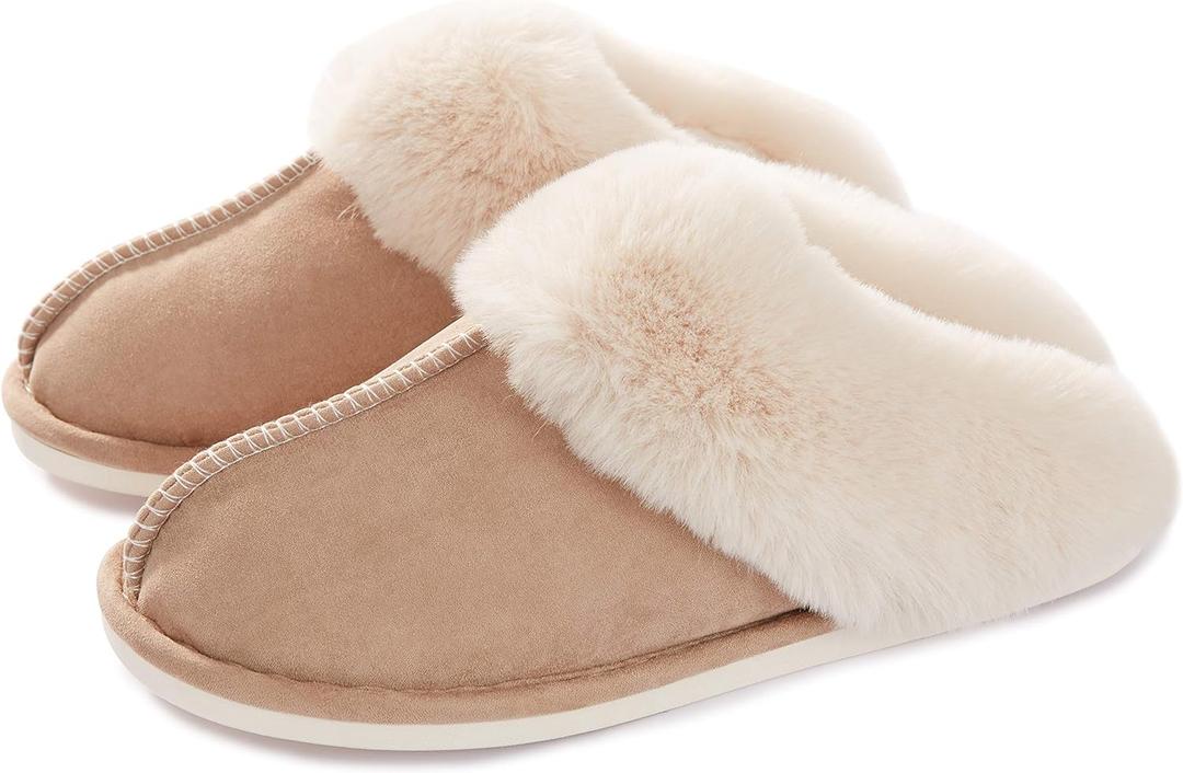 Donpapa Womens Slipper with Memory Foam Fluffy Soft Warm Slip On House Slippers Anti-Skid Cozy Plush for Indoor Outdoor (Medium, Tan)