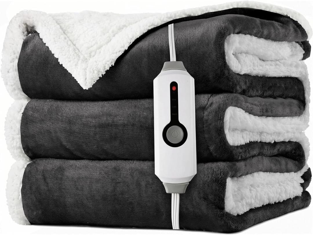 LaffyLo Heated Throw Blanket 50 x 60, Fast Heating Electric Blanket, Dual-Sided Flannel Sherpa, 4 Heat Settings, 3 Hour Auto Off, Machine Washable, Dark Grey