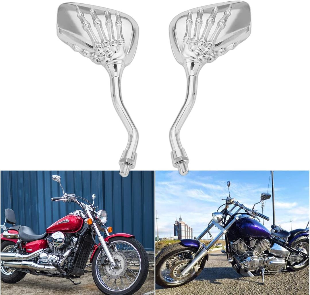 DREAMIZER 8MM 10MM Motorcycle Rear View Side Mirrors Skull Skeleton Hand Claw Chrome Handlebar Mirror (Chrome)
