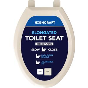 HIGHCRAFT Premium Elongated Toilet Seat with Slow-Close Design, Adjustable Hinges & Quick Removal Mechanism - Molded Plastic Toilet Seat - Fits Standard Elongated Toilets - Oval Seat in Bone/Beige