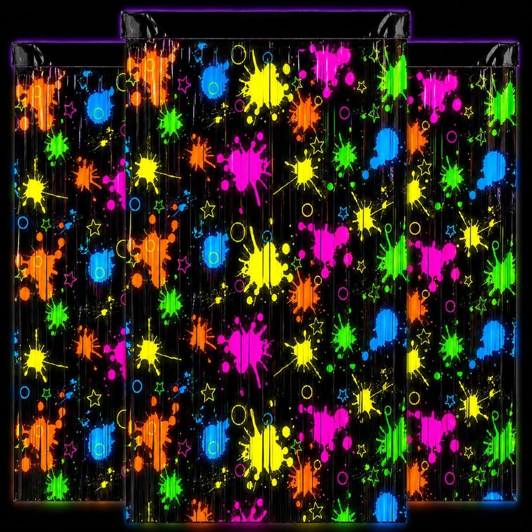 3 Pack Neon Foil Curtains for Glow in The Dark Party Supplies