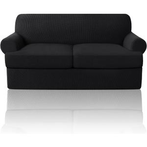 PrinceDeco T Cushion Loveseat Slipcover 3 Pieces Sofa Covers for T Cushion Sofa Stretch Slip Covers for 2 Cushion Couch with 2 Individual T Shape Seat Covers Width Up to 72"- Washable, Black