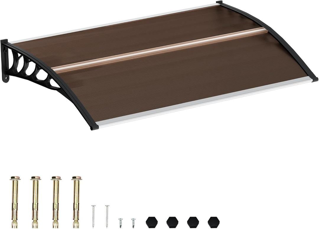58.5x35 Inch Patio Window Awning Shade, Polycarbonate Door Entrance Canopy Cover Protection for Sunshine & Rain, Tea with Black Edge