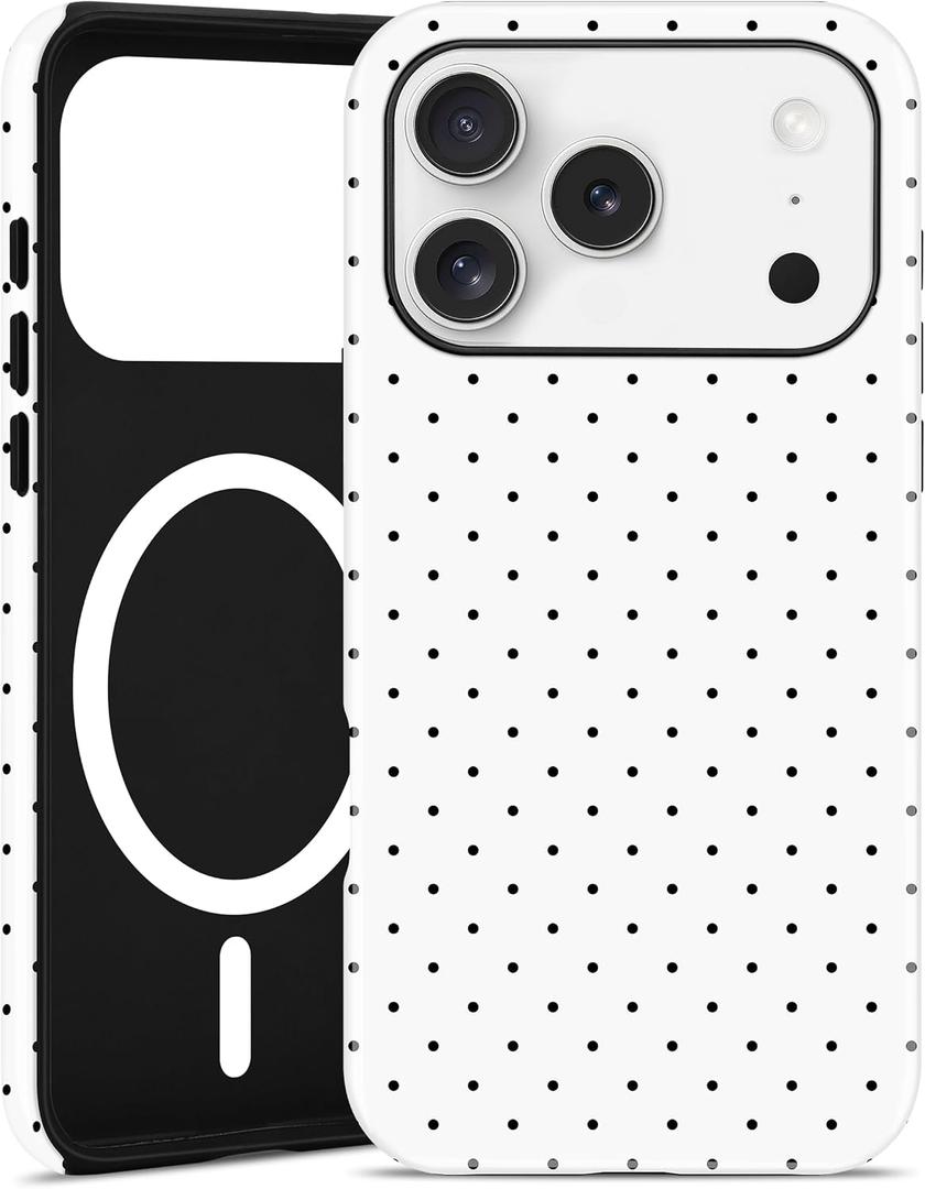 Jusy Compatible with MagSafe Polka Dot Case for iPhone 17 Pro, Cute Aesthetic Polka Dots Magnetic Phone Case, Soft TPU and Hard PC Protective Phone Cover for Women Girls (Matte) - White