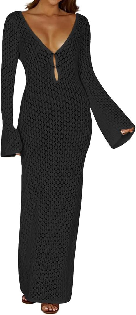 Leoparts Crochet Swimsuit Cover Up for Women Sexy V Neck Hollow Out Backless Maxi Dress Beach Bikini Coverup Dresses (Medium, 2402 Black)