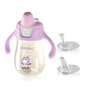 POTATO Sippy Cups For Toddlers with Straw Spill Proof, PPSU Learner Cup with Handle for Girl, Water Bottle for Baby 12 Months with 2 Type of Spout, 10 Ounce Pink