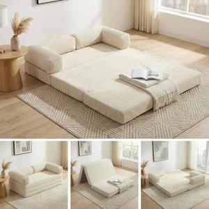 Convertible Sofa Bed Queen,5-in-1 Tri-Fold Boneless Couch with Removable Armrests & Handle,Corduroy Futon Sleeper Sofa,Floor Folding Mattress Pull Out Bed for Small Space Apartment Living Room Bedroom, Queen-81.5"L x 60"W