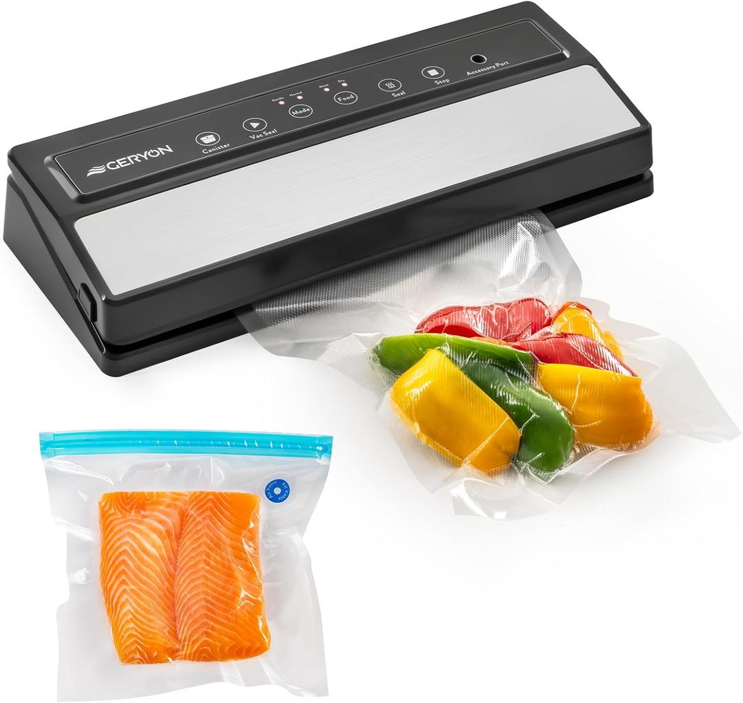GERYON Vacuum Sealer Machine  Automatic Food Vacuum Sealer for Dry & Moist Food, Compact with LED Touch Panel, Includes Zipper Bags & Roll, Perfect for Sous Vide & Freezer Storage (Silver)