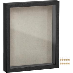 SONGMICS 11x14 Shadow Box Frame, Deep Box Frame with Top Slot and Push Pins, Picture Display Case, Linen Fabric Backing for DIY Craft, Glass Front, Gift Idea, Black URPF009B01