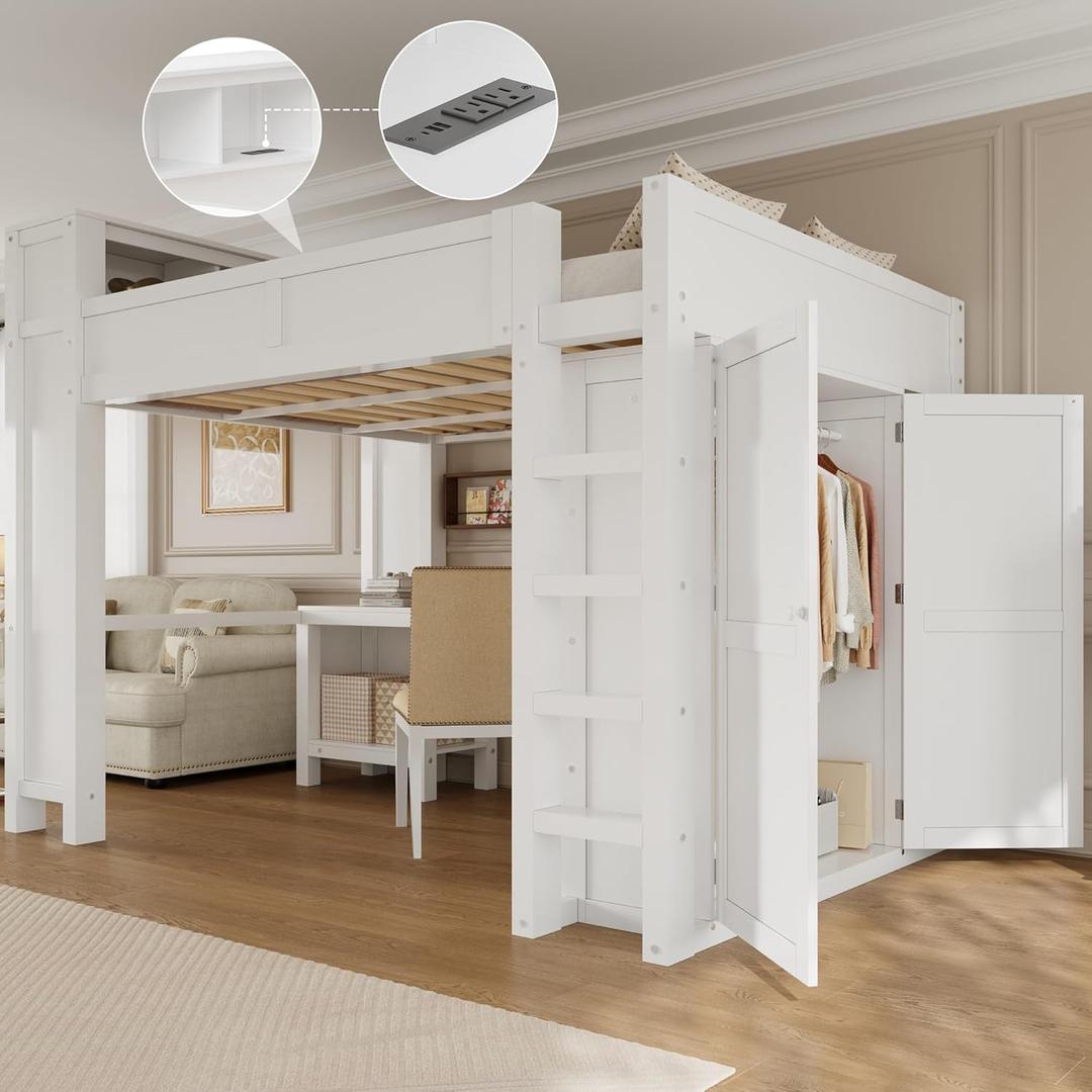 Merax Queen Loft Bed Frame with Desk and Wardrobe, Headboard with Storage & Charging Station, Wood Loft Bunk Bed with Solid Slats & Guardrail, No Box Spring Needed, Space-Saving, Noise Free, White