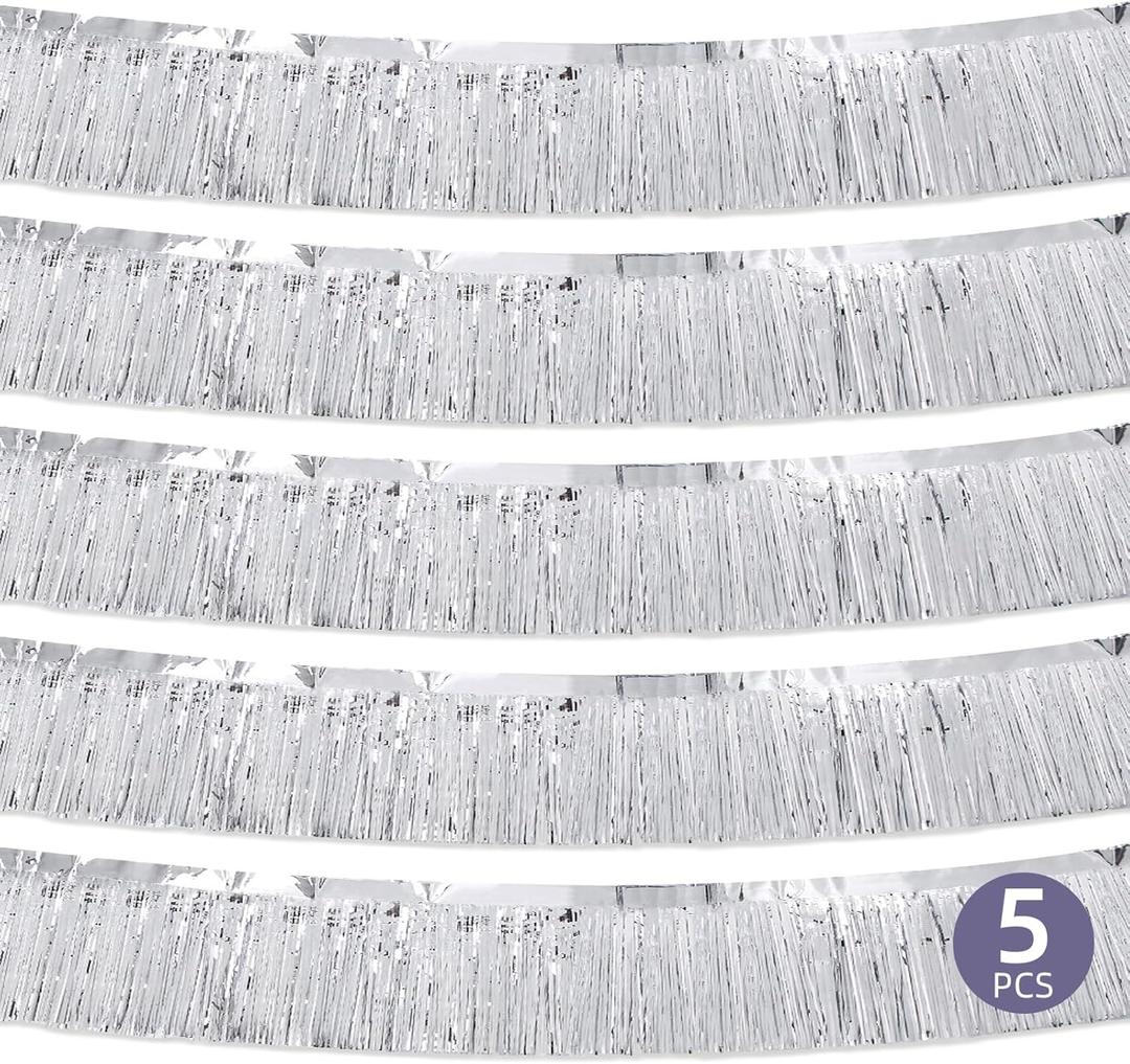 5 Pack Silver Fringe Garland - 10 Feet Metallic Tinsel Streamers - Foil Fringe Backdrop Banner for Parade Floats, Birthday Parties, Halloween & Christmas Decorations