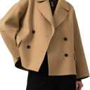 utcoco Women Cropped Wool Pea Coats Notched Lapel Double Breasted Crop Woolen Trench Coat Short Jackets with Pockets, Large