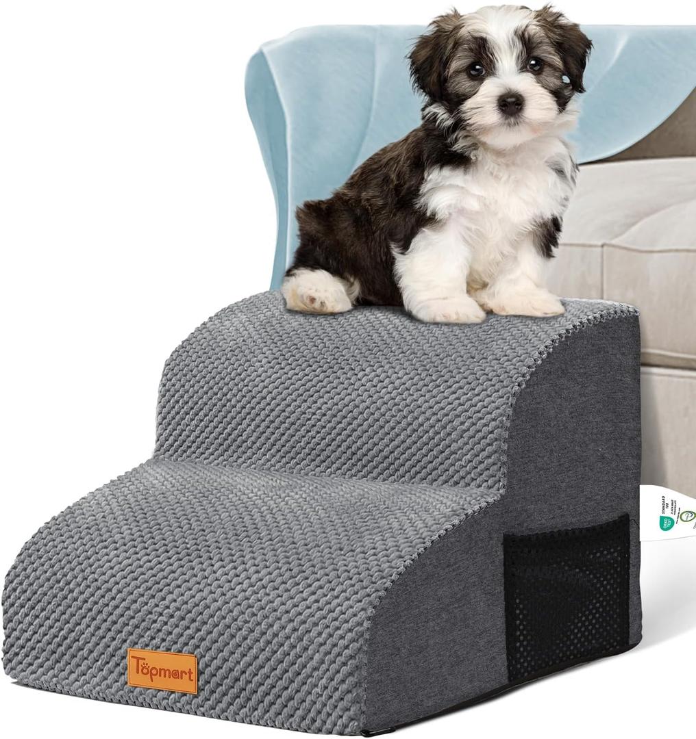 Topmart High Density Foam Pet Steps 2 Tiers,11.8" High,Non-Slip Dog Stairs,Soft Foam Dog Ramp Ladder,Best for Injured,Older Cats,Pets with Joint Pain,Suitable for Low Sofas,Stairs,Lower Place (Grey)