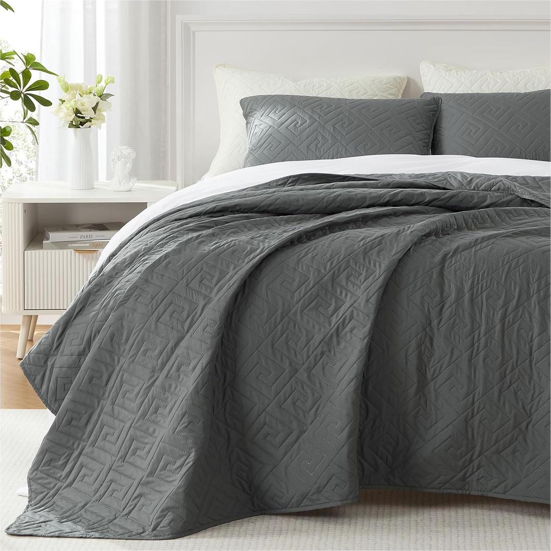 Homelike Moment Quilts Bedspreads Queen Size Bedding Set, Grey Quilt Coverlet Full Size for All Season (04-square Grey)