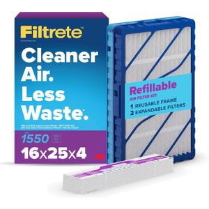 Filtrete 16x25x4 Refillable Air Filter Starter Kit, MPR 1550, MERV 12, 1 Reusable Air Filter Frame & 2 Air Filters, Fits Honeywell & Lennox, Allergen Bacteria & Virus, actual size 15.88 x 24.62 x 4.25