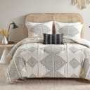 Madison Park King Comforter Set, Boho Comforters with Chenille Trims, All Seasons, Microfiber Bedding, Pillow & Shams, Ibiza, Cal King, Black/Ivory 4 Piece