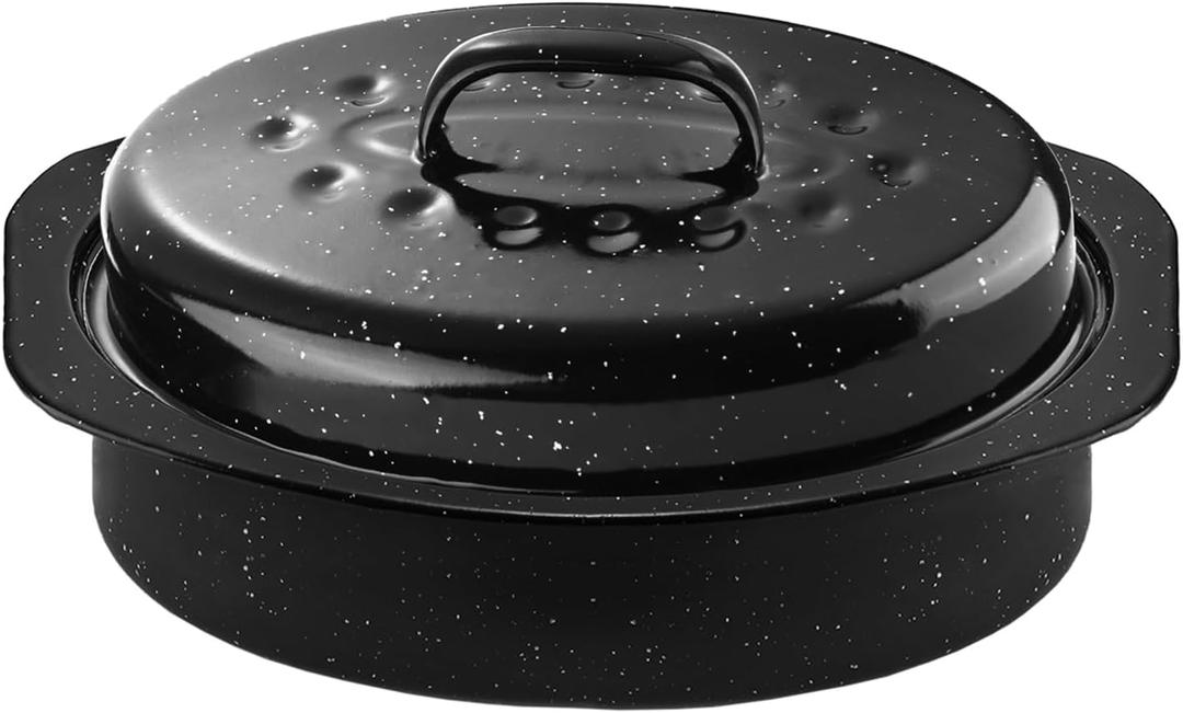13Inch Roasting Pan, Enamel on Steel, Black Covered Oval Roaster Pan with Lid, Small Cookware for Turkey, Small Chicken, Roast Baking Pan.