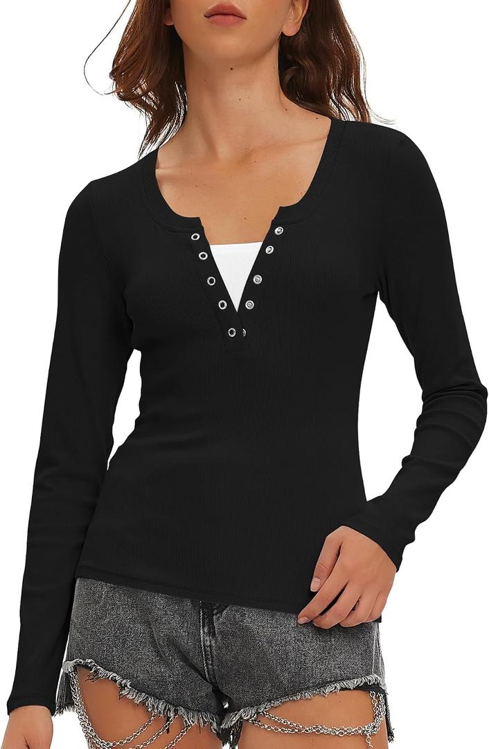 Beaully Women's Long Sleeve Henley Tops Ribbed Knit Slim Fitted Trendy T Shirt Basic Tees Layer 2026 Spring Fashion Outfits (Black, M)