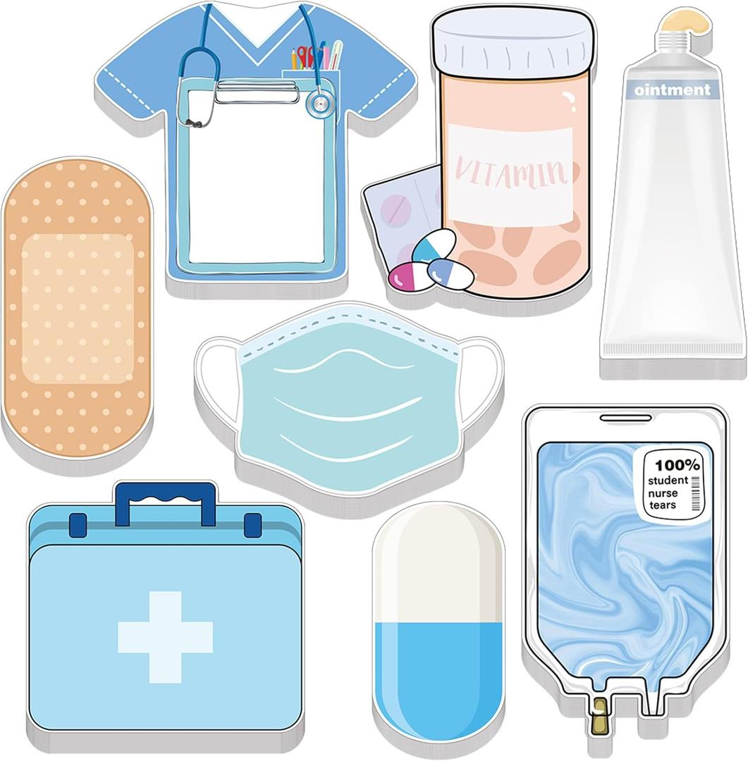 8 Pack Mini Funny Nurse Sticky Notes Nursing Student Essentials School Gifts Stationary Sticky Notes Booklet Self Stick Pads for Hospital School Supplies