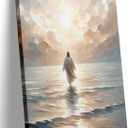 Jesus Walking on Water Canvas Wall Art Jesus Christian Posters Prints Sacred God Walking on Ocean Beach Painting Pictures for Living Room Bedroom Bathroom Office Wall Decor Framed (24L" x 36W", #1color)
