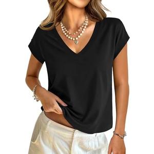 GKBK Womens Cotton Tops Cap Short Sleeve Crop V Neck T Shirts Boxy Casual Basic Spring Summer Tee S