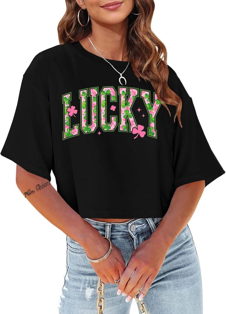St Patricks Day Shirt Women Crop: Sexy Saint Patricks Day Crop Tops Funny Shamrock Tshirt Irish Graphic Tee (Black, L)