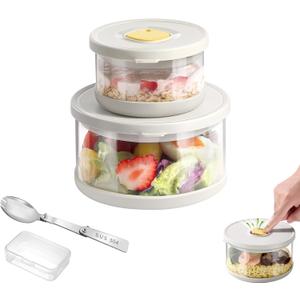 SAYAPE Glass Food Storage Containers with Airtight Lids, 33.8oz & 11.8oz High-Borosilicate Glass Meal Prep Containers with Spork, Bento Lunch Boxes for Salad, Ramen, Soup, Fruit - 2 Pack, White