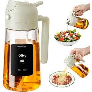 16oz/470ml Oil Dispenser and Oil Sprayer, Glass Olive Oil Pourer for Kitchen, Air Fryer, Cooking, Salad, BBQ (White)