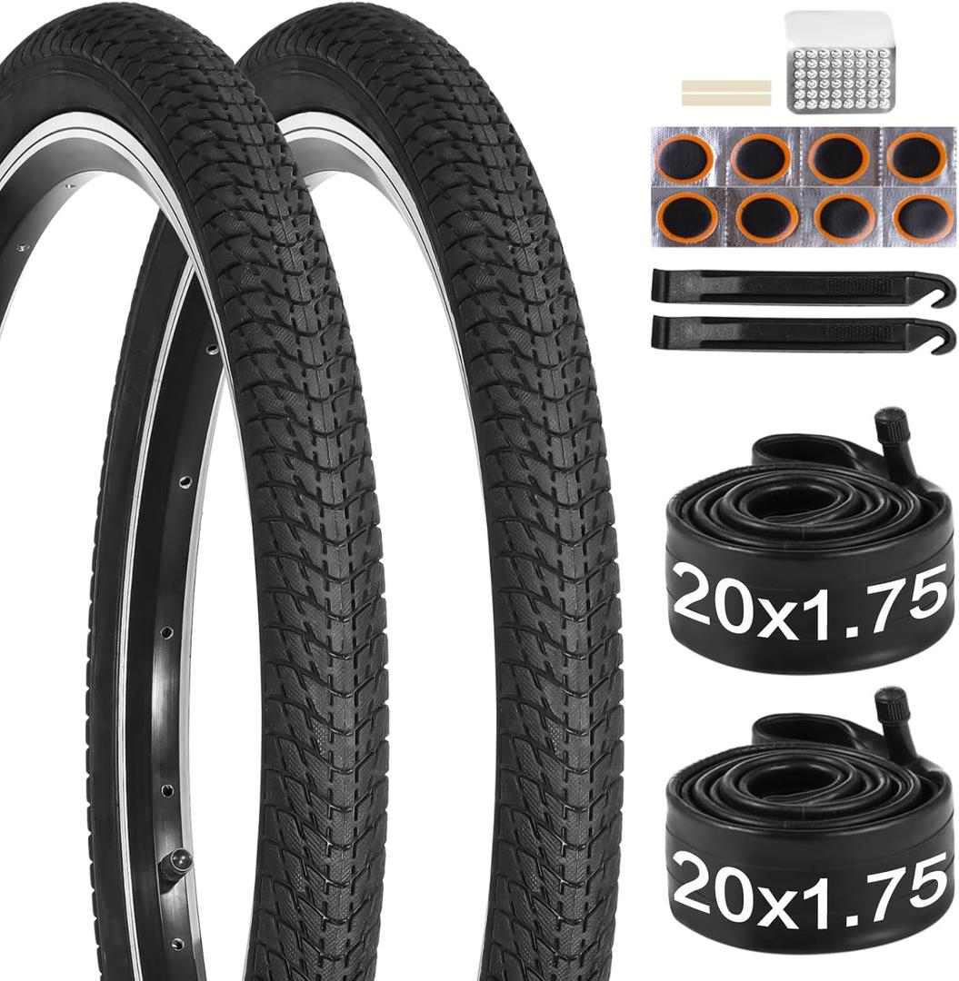 20 inch Bike Tire, 2 Pack 20x1.75 Bike Tires and 20x1.5-1.75 Bike Tubes with Bike Tire Levers, 20x1.75 Bicycle Tire Portable MTB Tires BMX Rubber Tire for Mountain Path Muddy Trail