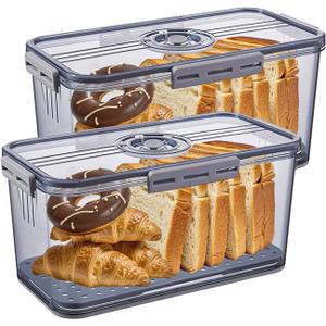 Bread Box for Kitchen Countertop, Airtight Bread Container with Lid, Time Recording Dial, and Draining Board, Bread Storage for Homemade Bread, Toast, Cookies (2 Grey)
