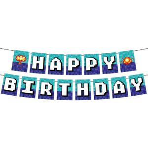 Happy Birthday Banner, Pre-Strung Birthday Party Decorations Pixel Mining Theme Party Favors for Home Wall Door Window Parties Decor Photo Prop