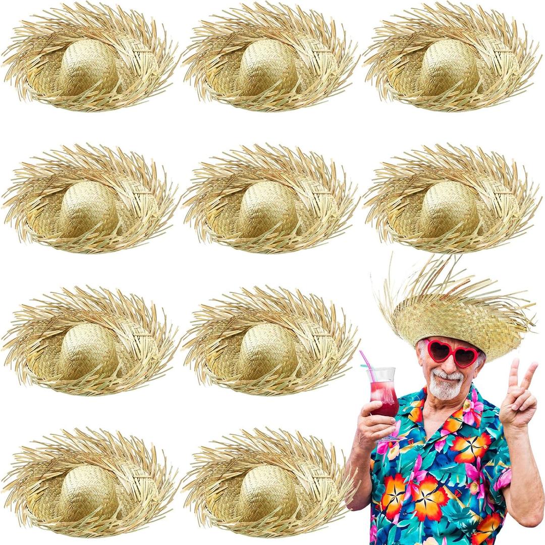Hercicy 10 Pcs Adult Hawaiian Luau Straw Hats Pava Hat Puerto Rico Beachcomber Hats for Party Costumes Accessories Decor