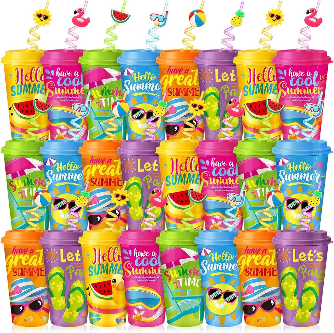 Potchen 24 Set Summer Party Decoration Cups with Silly Straws and Lids, 16oz Pool Beach Reusable Drinking Cups Colorful Plastic Tumblers for Hawaiian Tropical Luau Birthday Party Gifts (Classic Style)