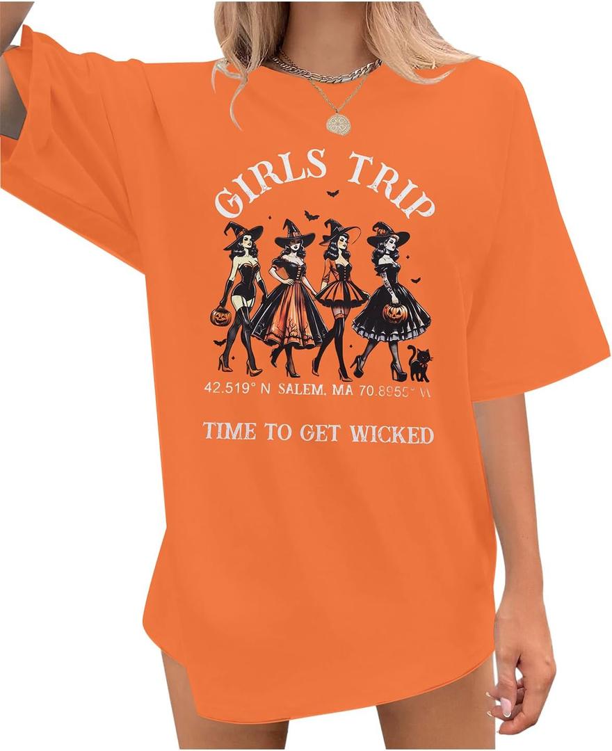 Girls Will Be Girls Witch Shirt Halloween Oversized T Shirts Witchy Vibes T-Shirt (M, Orange)
