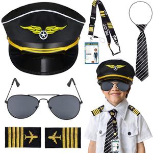 Keymall Kids Pilot Costume Accessories Set With Aviator Hat Sunglasses Tie Pin for Aviation Halloween Dress Up