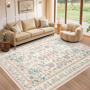 8x10 Area Rug Living Room Rugs - Washable Boho Vintage Floral Large Soft Non Slip Thin Rug Low Pile Carpet for Bedroom Dining Room Kids Playroom Office Decor Indoor- Pink