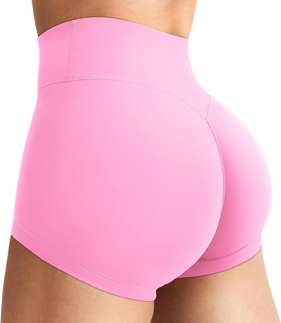 YEOREO Women's Biker Shorts 2.5" No Front Seam Elysina High Waist Hidden Scrunch Workout Gym Yoga Running Shorts (Light Pink) XS