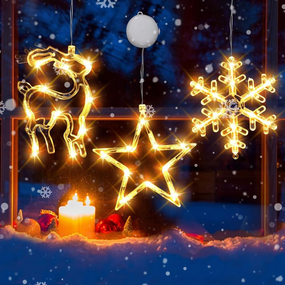 3Pcs Christmas Window Lights, Christmas Window Decorations Battery Powered Hanging Xmas Lights Snowflake & Star & Elk Shaped with Suction Cup for Xmas,New Year,Balcony,Party,Indoor Outdoor Decor