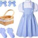 4pcs Deluxe Storybook Character Costumes for Girls, Classic Blue Gingham Dress Costume with Hair Bows Basket Socks (Small)