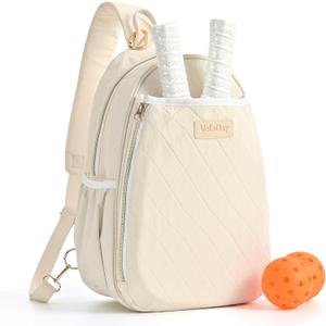 Pickleball Bag for Women, Quilted Stylish Sling Bag, Adjustable Shoulder Strap, 2 Storage Compartment Holds Paddles, Balls,Shoes (Beige)
