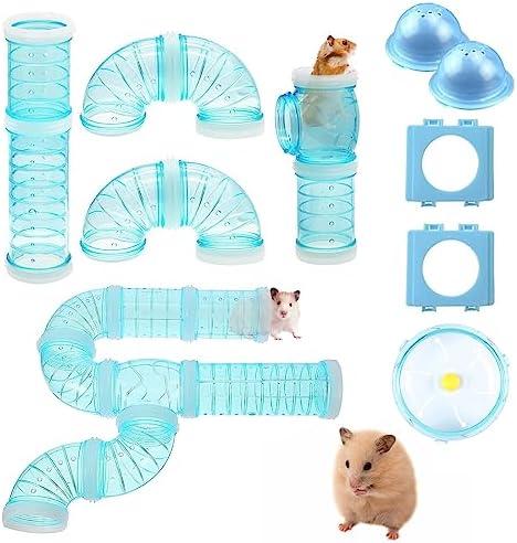 IBEQUEM 2 Hamster Tubes Kits, Hamster Tunnel Adventure External Pipe, Transparent DIY Creative Connection Cage & Accessories, Wheel for Pet Mouse Rat Small Animal (Blue)