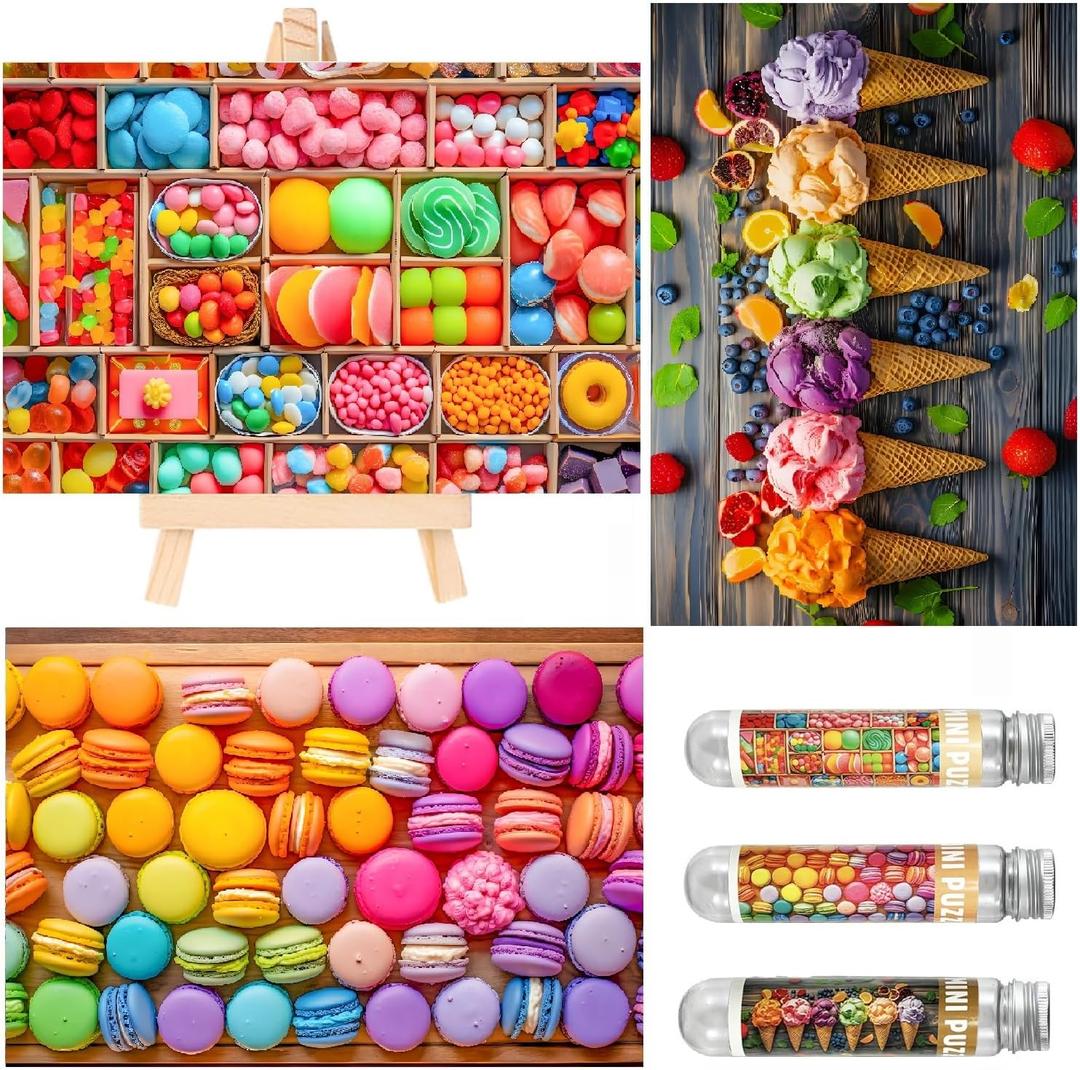 Small Jigsaw Puzzles for Adults 150 Pieces Mini Jigsaw Puzzles Challenging Vintage Candy 6 x 4 Inches, 3 Pcs, Mini Easel Included