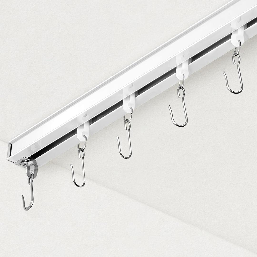 Curtain Track, Ceiling Curtain Track for Room Divider, Ceiling Mount Rail Set with Roller Hooks, White, 9ft - 12ft