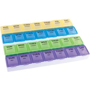 EZY DOSE Weekly (7Day) Daily Medtime Pill Case, Medicine Planner, Vitamin Organizer, Supplement and Fish Oil Container, Large Compartments with Rounded Base, 4 Times a Day, Colored Lids, BPA Free (Yellow/Blue/Green/Purple)