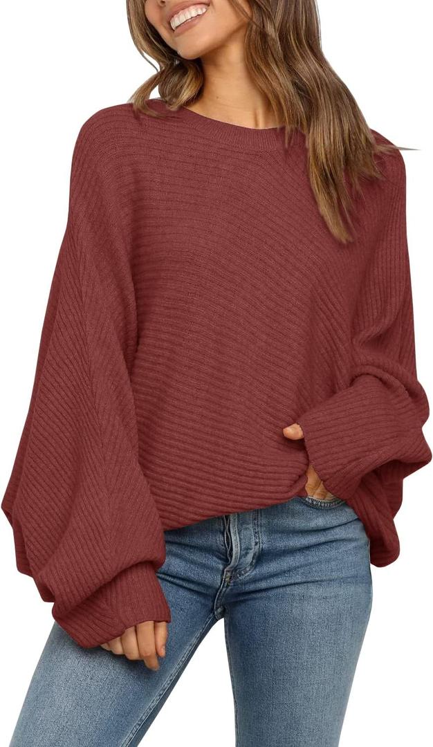 Mafulus Women's Oversized Crewneck Sweater Batwing Puff Long Sleeve Cable Slouchy Pullover Jumper Tops (Large, 1-Brick Red)