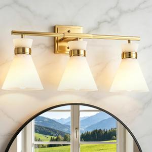 Brushed Gold Bathroom Vanity Lights, 3-Light Bathroom Light fixtures Over Mirror, Modern Vanity Lighting Fixtures with Frosted Glass Shades E26 Base,Wall Mount Scones for Mirror (Bulbs Not Included)