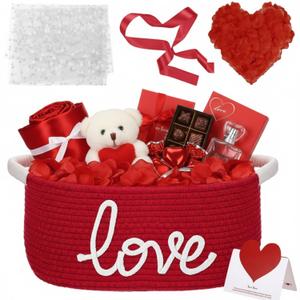Colingmill Valentine's Day Woven Gift Basket with Bags Ribbon Gift Artificial Silk Rose Petals to Fill Decor Small Baskets for Wedding Birthday Anniversary, 13" d x 9" w x 6" hm (Red)