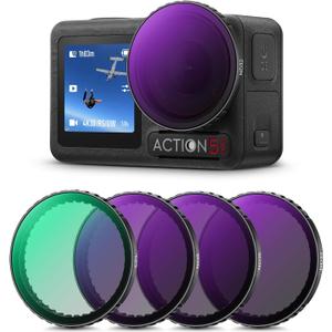 K&F Concept Snap On PL & ND Filter Kit Compatible with DJI Osmo Action 3/4/5 Pro, 4 Pack Push-in Fit CPL ND8 ND16 ND32 Polarizing Neutral Density Filter, HD Optical Glass Multi-Coated