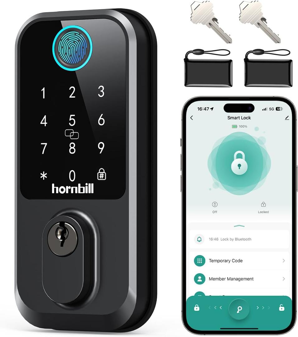 Keyless Entry WiFi Smart Lock, Hornbill Fingerprint Smart Deadbolt with App Control, Compatible with Alexa, Touchscreen Keypad Door Lock with Auto-Lock for Rentals Home (Matte Black)